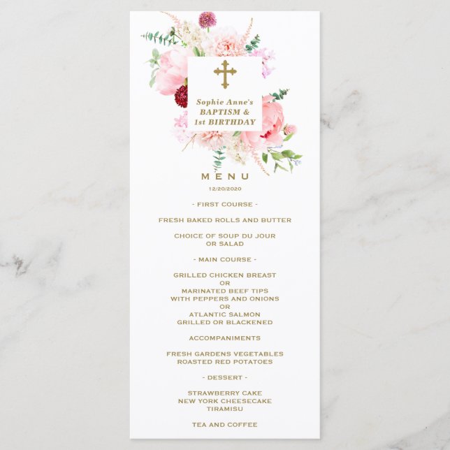Spring Pink Blush Floral 1st Birthday & Baptism Menu (Front)