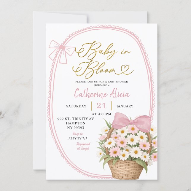 Spring Pink Bow Daisy Baby in Bloom Baby Shower Invitation (Front)