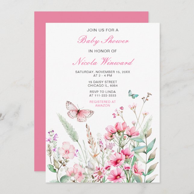 Spring Pink Butterfly Floral Baby Shower Invitation (Front/Back)