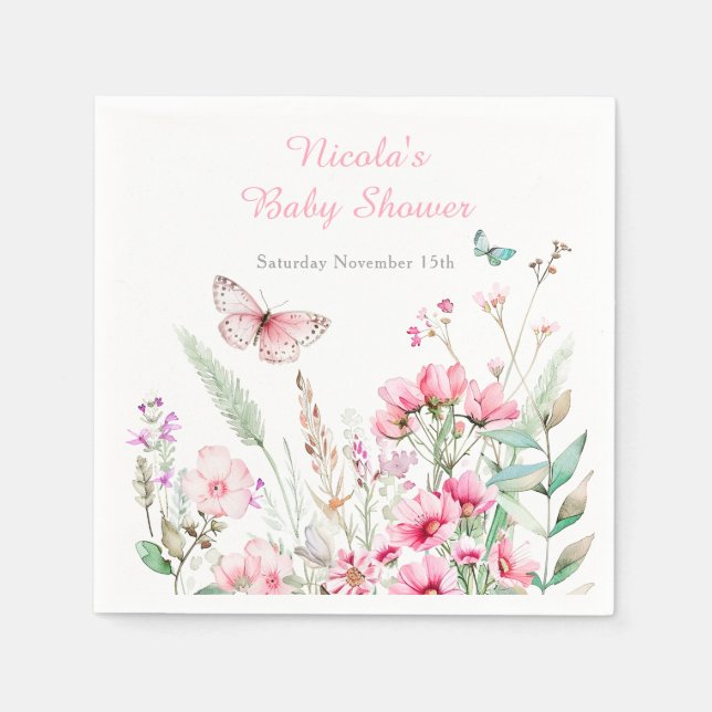 Spring Pink Butterfly Floral Baby Shower Napkin (Front)