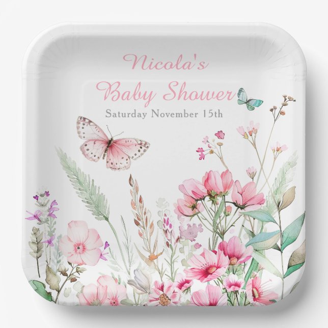Spring Pink Butterfly Floral Baby Shower Paper Plate (Front)