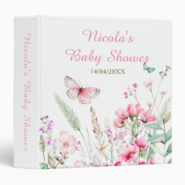 Spring Pink Butterfly Floral Baby Shower Photo  Binder (Front/Spine)