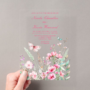 Spring Pink Butterfly Floral Wedding Acrylic Invitations