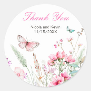 Spring Pink Butterfly Floral Wedding Classic Round Sticker
