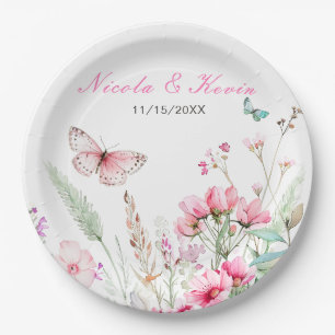 Spring Pink Butterfly Floral Wedding Paper Plate