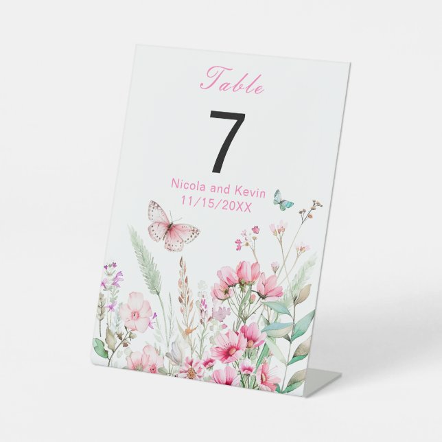 Spring Pink Butterfly Floral Wedding Pedestal Sign (Front)