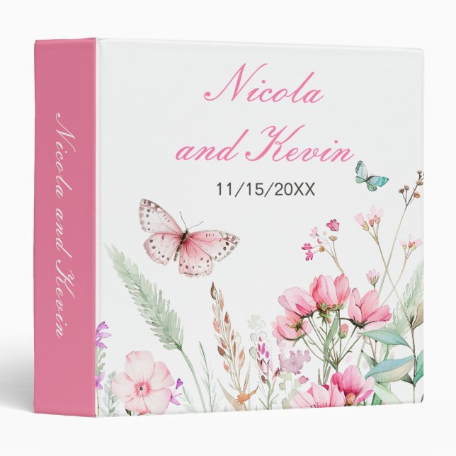Spring Pink Butterfly Floral Wedding Photo Album Binder (Front/Spine)