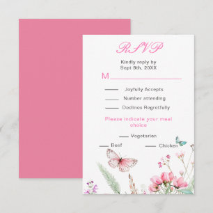 Spring pink Butterfly Floral Wedding RSVP Card