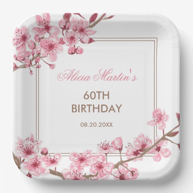 Spring Pink Cherry Blossom Floral Birthday  Paper Plate (Front)