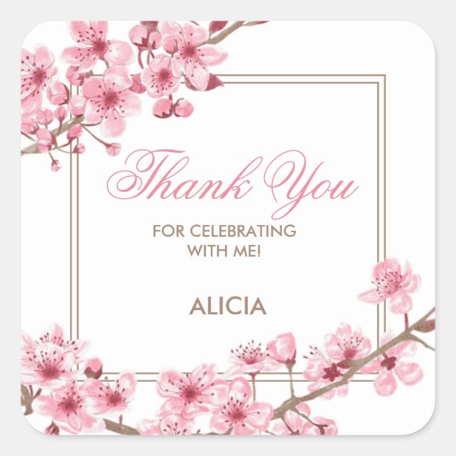 Spring Pink Cherry Blossom Floral Birthday  Square Sticker (Front)
