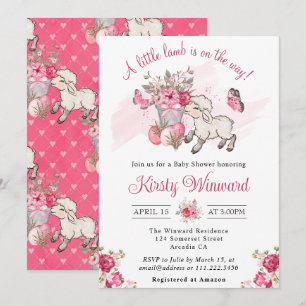 Spring Pink Floral Basket & Cute Lamb Baby Shower Invitation