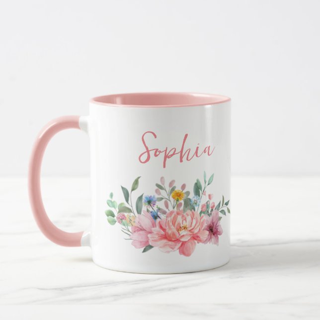 Spring Pink Floral Bouquet Personalize Name Mug (Left)