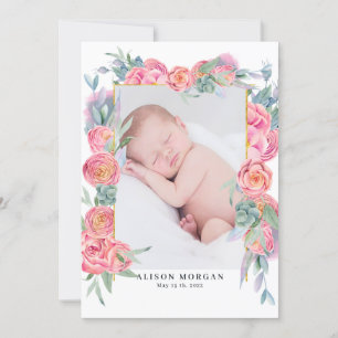 spring pink floral gold photo birth announcement