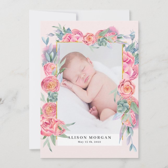 spring pink floral gold photo birth announcement (Front)