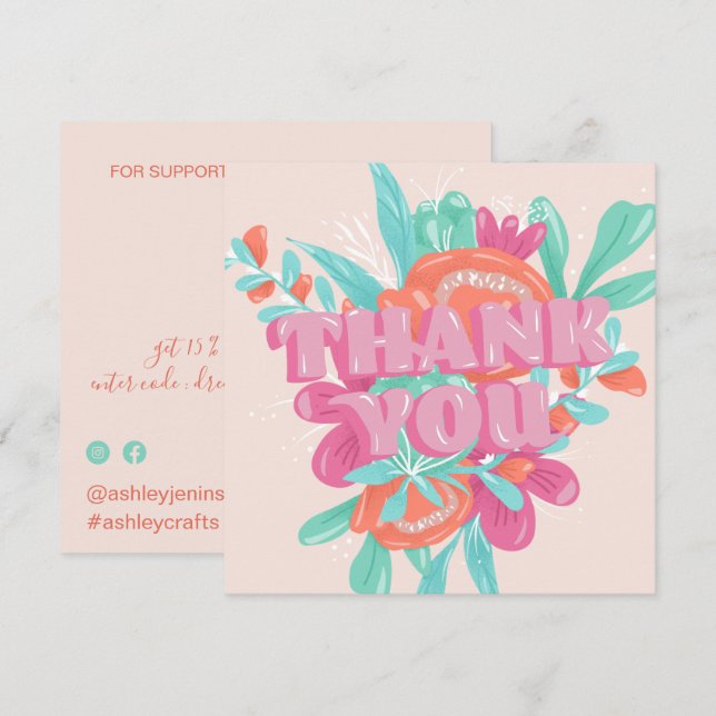 Spring pink floral retro script order thank you card (Front/Back)