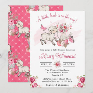 Spring Pink Flowers and Cute Lamb Baby Shower Invitation