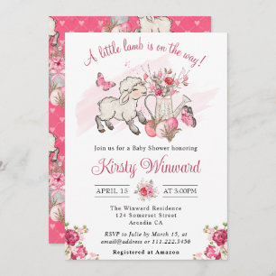 Spring Pink Flowers and Cute Lamb Baby Shower Invitation