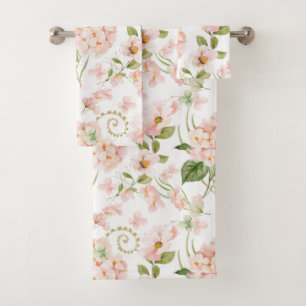 Spring pink hydrangea floral arrangement bath towel set
