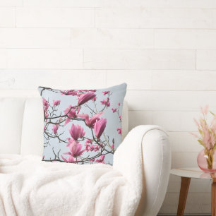 Spring Pink Magnolia Blossoms Peaceful Hanami Throw Pillow