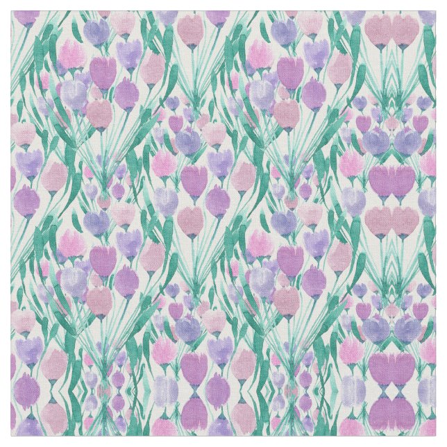 Spring Pink Purple Tulip Floral Watercolor Fabric (Close Up)