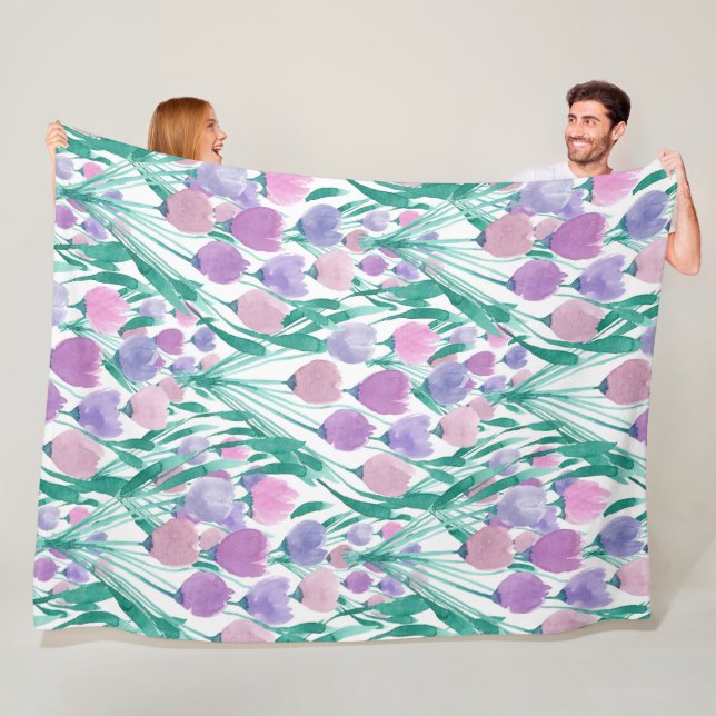 Spring Pink Purple Tulip Floral Watercolor Fleece Blanket (In Situ)