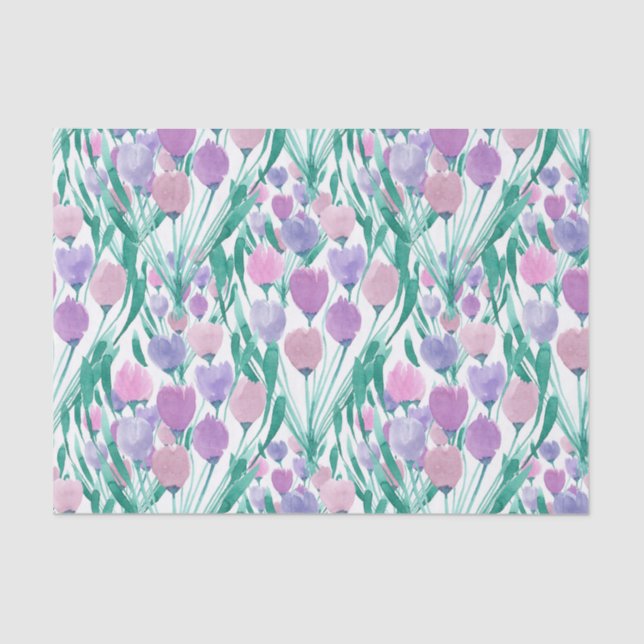 Spring Pink Purple Tulip Floral Watercolor Tissue Paper (Front)