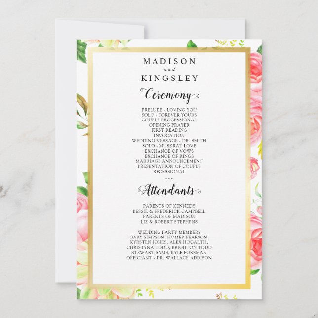 Spring Pink Rose Butterfly Garden Wedding Program (Front)