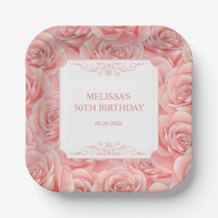 Spring Pink Roses Blossom Floral Birthday Paper Plate