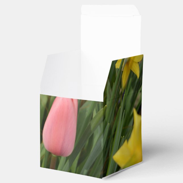 spring pink tulip and yellow daffodil flowers favor box (Opened)