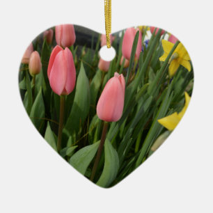Spring pink tulip flowers happy birthday ceramic ornament