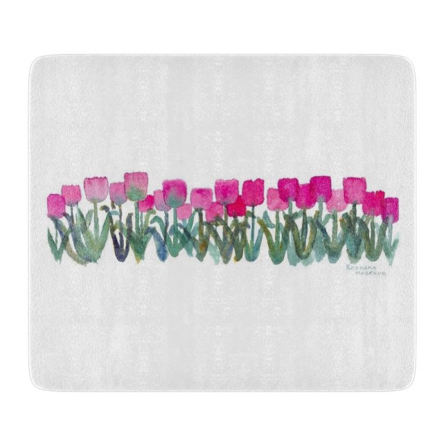 Spring Pink Tulips Glass Cutting Board 6"x7" (Front)