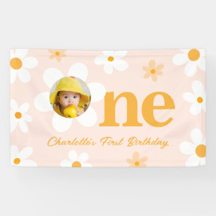 Spring Pink Yellow Daisy 1st Birthday Photo Banner