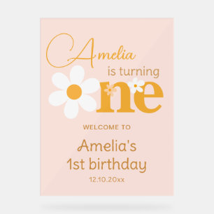 Spring Pink Yellow Daisy 1st Birthday Welcome Acrylic Sign