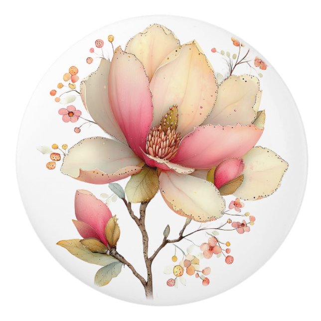 Spring Pink Yellow Tree Blossom Ceramic Knob (Front)