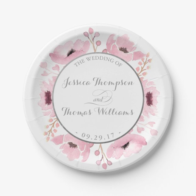 Spring Pinks Watercolor Floral Wedding Collection Paper Plate (Front)