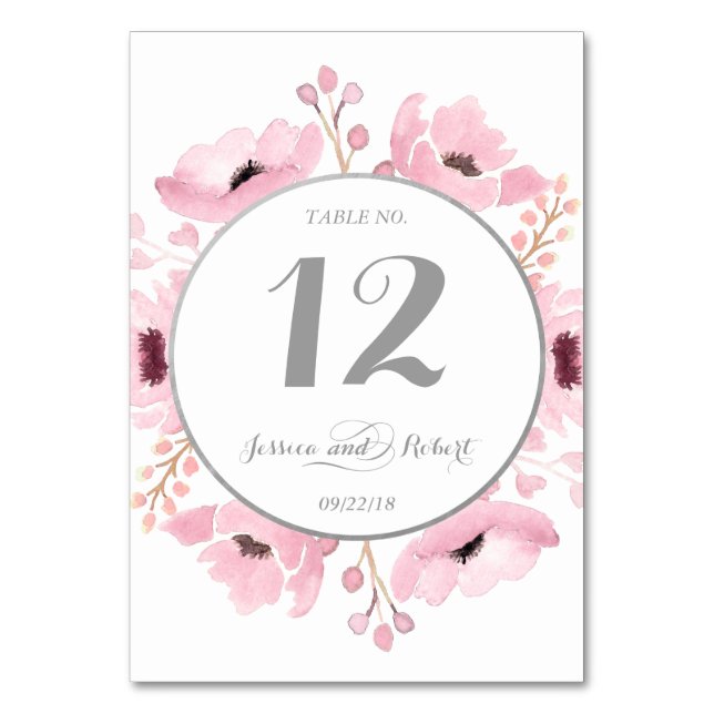 Spring Pinks Watercolor Floral Wedding Collection Table Number (Front)