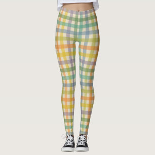 Spring Plaid Pattern in Orange Green and Brown Leggings