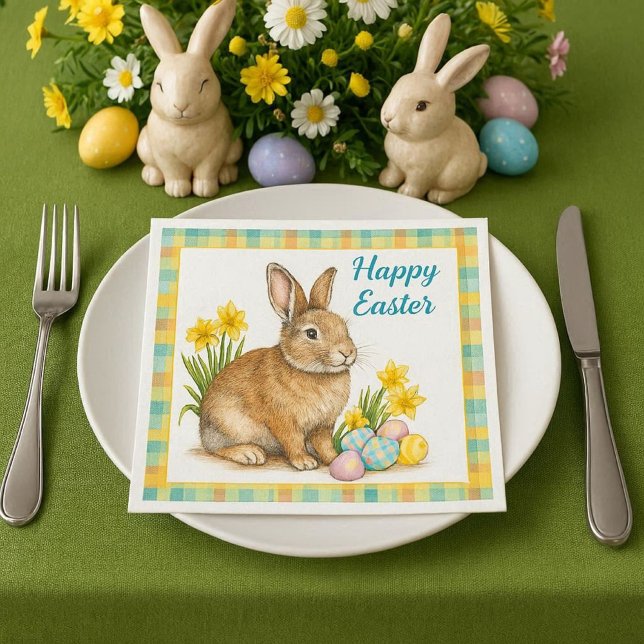 Spring Plaid with Easter Bunny  Napkin (Elevate your Easter table setting with our spring plaid bunny paper napkins. )