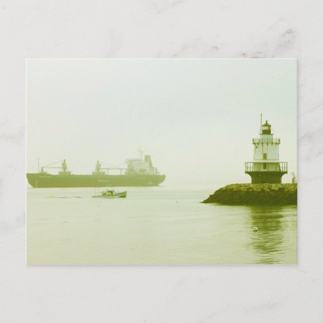 Spring Point Ledge Lighthouse Freighter Portland Postcard (Front)