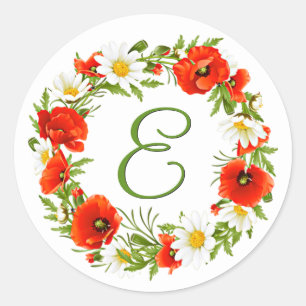 Spring Poppies Daisies Monogram Wreath Classic Round Sticker