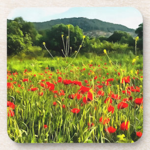 Spring Poppies Meadow and Mountain Landscape Coaster