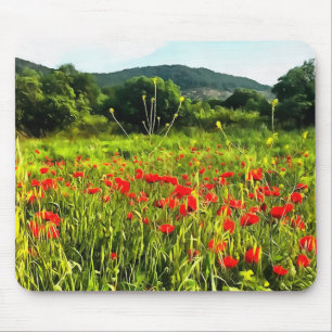 Spring Poppies Meadow and Mountain Landscape Mouse Pad