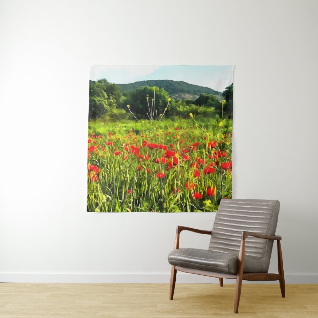 Spring Poppies Meadow and Mountain Landscape Tapestry (In Situ)