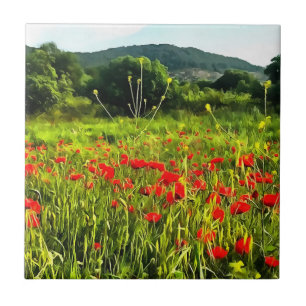 Spring Poppies Meadow and Mountain Landscape Tile
