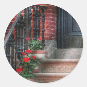 Spring - Porch - Hoboken, NJ - Geraniums on stairs Classic Round Sticker