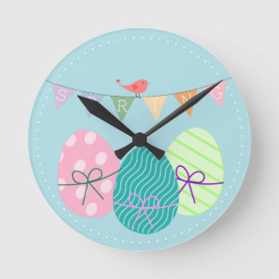 Spring powder blue Easter eggs Round Clock