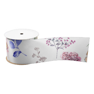 Spring Pressed Wild Flowers Butterfly White Satin Ribbon