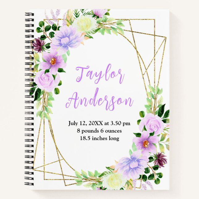 Spring Purple Floral Baby Birth Stats Notebook (Front)