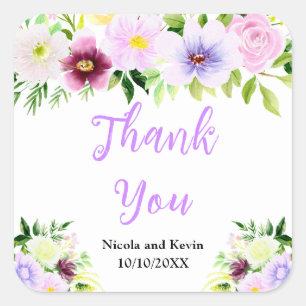 Spring Purple Floral Wedding Thank You Square Sticker