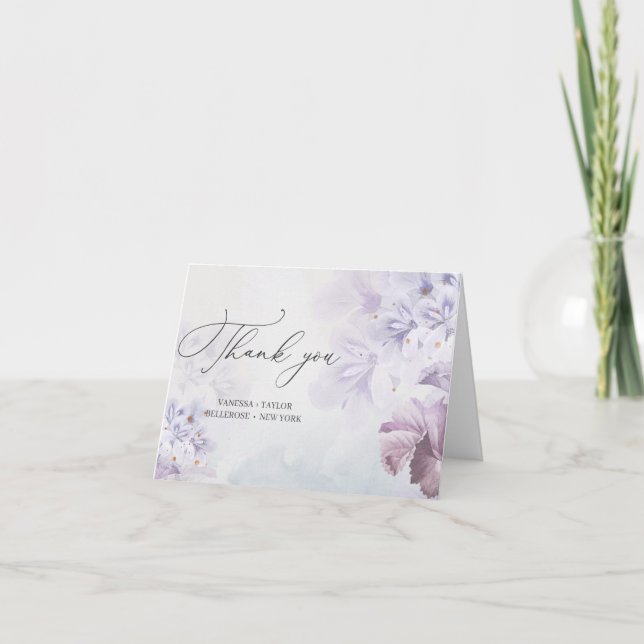 Spring purple flowers dusty blue thank you card (Front)